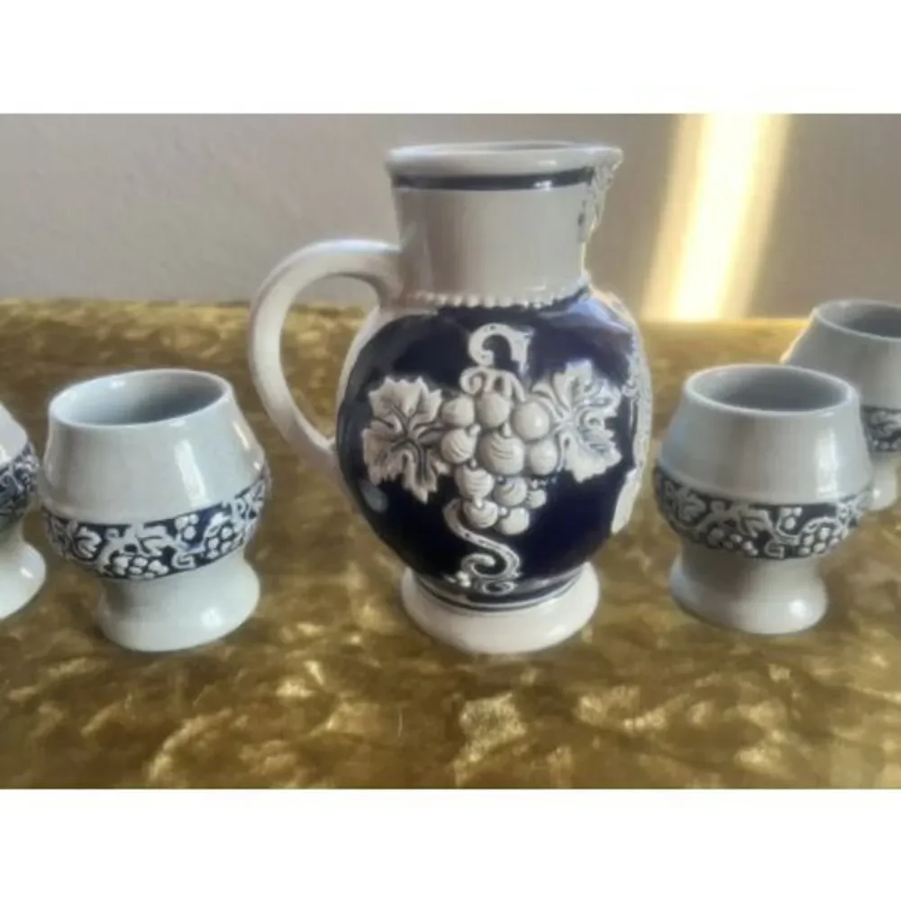 German Stoneware Pitcher Salt Glaze Cobalt Bacharach/A.Rhein With 5 Cups (7566)
